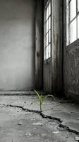 Green plant seedling growing through crack in abandoned building floor symbolizing hope, resilience and new life emerging from urban decay.