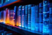 Row of old books on wooden shelf illuminated by dramatic blue and orange lighting creating mysterious atmospheric library scene with selective focus.