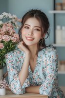 Young Asian woman in floral dress smiling warmly while leaning on table with pink flowers, natural makeup and casual updo hairstyle against blue interior background.