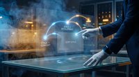 Business professional using futuristic holographic interface with glowing digital elements and data visualization in modern office environment.