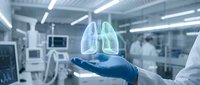 Medical professional in blue gloves holding holographic lungs projection in modern hospital operating room for respiratory healthcare technology.