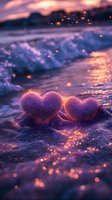 Two glowing purple hearts on beach shore with magical sparkles and warm sunset light reflecting on ocean waves creating romantic atmosphere.