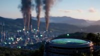 Stadium with illuminated green field at dusk against industrial cityscape backdrop, smoke stacks emitting vapor in distance, mountains silhouetted on horizon, atmospheric scene.
