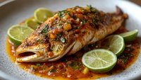 Grilled whole fish with spicy salsa, lime wedges and herbs on white plate. Fresh seafood dinner with colorful vegetable topping for restaurant menu.