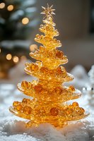 Glowing amber glass Christmas tree decoration with star topper standing in fresh snow, illuminated by warm holiday lights creating magical festive atmosphere.