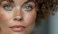Close up portrait of young woman with natural freckles, curly hair and bright blue eyes looking directly at camera with gentle smile, beauty concept.