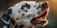 Dalmatian dog with open mouth showing teeth and tongue in warm golden sunlight. Spotted canine portrait with dramatic lighting for pet care advertising.