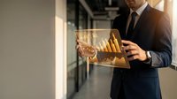 Businessman in formal suit holding glowing golden declining bar chart, representing financial loss, market downturn, and business analytics for corporate presentations.