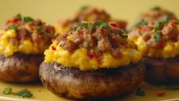 Stuffed portobello mushrooms filled with creamy scrambled eggs and savory meat sauce garnished with fresh herbs for breakfast or brunch recipes.