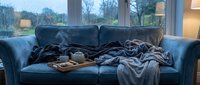 Messy blue couch with scattered clothes and blankets in modern living room with large windows overlooking bare trees and outdoor landscape.