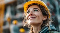 Young female construction worker in yellow hard hat smiling and looking up with hope and determination at building site during golden hour lighting.