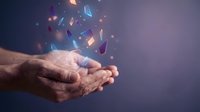 Senior male hands releasing glowing digital fragments and light particles, representing data transfer, technology innovation, digital transformation, and future connectivity solutions for business applications.