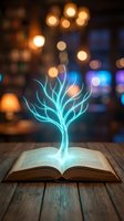 Glowing neon tree with branching cyan light emerging from open book on wooden table, blurred warm and cool bokeh lights in background, symbolizing knowledge, learning, growth, and imagination for education and creative concepts.