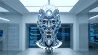 Futuristic chrome robot head with glowing blue eyes in modern data center server room. Advanced artificial intelligence concept for technology presentations.