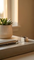 Minimalist workspace with golden pen and tape dispenser on concrete desk near succulent plant in warm natural light for modern office design.