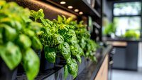 Fresh basil plants growing in modern hydroponic garden system with LED lights, showcasing sustainable indoor herb cultivation for urban farming and home gardens.