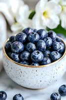 Fresh ripe blueberries in white ceramic bowl with gold rim against marble background and white orchid flowers, macro food photography for healthy eating.