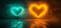 Glowing neon heart shapes in turquoise and orange colors illuminate dark brick wall and wooden floor, creating romantic atmospheric lighting effect.