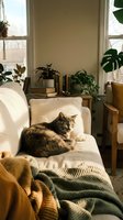 Tabby cat sleeping curled up on a cozy white sofa in a sunlit living room with houseplants and warm knit blankets.