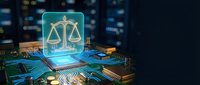 Digital justice scales hologram emerging from computer circuit board representing legal technology, AI law, cyber jurisprudence and digital legal services.