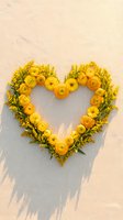 Heart-shaped wreath of yellow ranunculus and wildflowers on linen background, casting soft shadows for wedding or spring decor.
