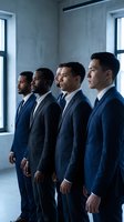 Four diverse professional businessmen in navy suits standing in profile formation in modern office interior for corporate leadership and teamwork concepts.