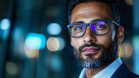 Middle-aged Indian businessman with salt and pepper beard wearing glasses smiles confidently against blurred city lights background, portraying leadership and success.
