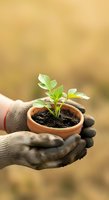 Hands holding terracotta pot with young green seedling and soil, symbolizing growth, environmental care, and sustainable gardening practices for eco-friendly projects.