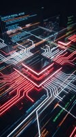 Futuristic quantum computing processor with glowing circuit pathways and holographic data interfaces displaying advanced technology and digital innovation.
