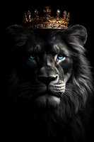 Majestic black lion with piercing blue eyes wearing golden crown against dark background, dramatic lighting highlights regal features and flowing mane.