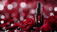 Luxury cosmetic dropper bottle with red roses and bokeh lights on dark background, elegant skincare product photography for beauty and wellness advertising.