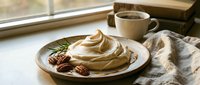 Creamy dessert with caramel sauce and pecans served on ceramic plate beside coffee cup near window with natural light.