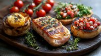 Grilled salmon fillet with roasted mushrooms and bruschetta on wooden board, garnished with fresh herbs and cherry tomatoes, rustic food styling.