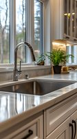 Modern kitchen interior featuring stainless steel undermount sink with chrome pull-down faucet, white cabinets, and marble countertop near bright windows with natural light.