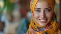 Young Middle Eastern woman wearing yellow floral hijab smiles warmly at camera, showing genuine happiness and confidence against soft bokeh background.
