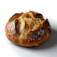 Freshly baked artisanal sourdough bread with crispy golden crust and sea salt flakes on white background, showing soft interior texture through natural tear.