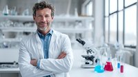 Confident middle-aged Caucasian male scientist in white lab coat smiling with arms crossed in modern research laboratory with microscope and colorful chemicals.