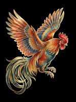 Colorful rooster with spread wings and gold accents, isolated on transparent background, ready for t-shirt design, stickers, clipart, and print on demand.