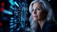 Mature businesswoman with silver hair analyzing digital data visualization in modern tech environment for corporate presentations and reports.