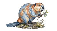 Beaver holding branch with leaves, isolated on white background, ready for design use on merchandise, educational materials, and clipart applications.