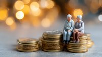 Senior couple figurines sitting on stacks of gold coins against blurred warm bokeh background, representing retirement savings and financial planning.