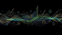 Digital data visualization with flowing waves, charts, graphs and business icons on dark background for analytics, finance and technology presentations.