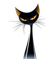 Stylized black cat with yellow eyes and long whiskers on white isolated background, minimalist cartoon character design for Halloween decorations and prints.