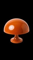 Retro orange mushroom lamp with glossy dome shade and pedestal base, isolated on transparent background ready for t-shirt design, clipart, stickers, and print-on-demand products.