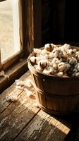 Rustic wooden basket filled with fresh cotton bolls on weathered wood table by window with warm natural sunlight for farmhouse decor and textile concepts.