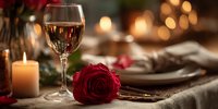 Romantic dinner setting with wine glass, red rose and candles creating intimate atmosphere for Valentine's Day celebration or anniversary date night.