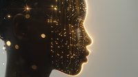 Glowing silhouette profile with digital neural connections and light particles, representing artificial intelligence and human consciousness on dark background.