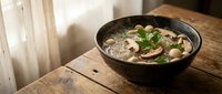 Steaming hot ramen noodle soup with mushrooms and green onions in dark ceramic bowl on rustic wooden table for comfort food dining experience.