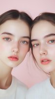 Two young women with natural makeup and glowing skin pose together against soft pink background for beauty and skincare concepts.