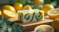 Handmade soap bar with natural lemon and herbs swirl pattern on wooden board surrounded by fresh citrus fruits and green leaves in soft light.